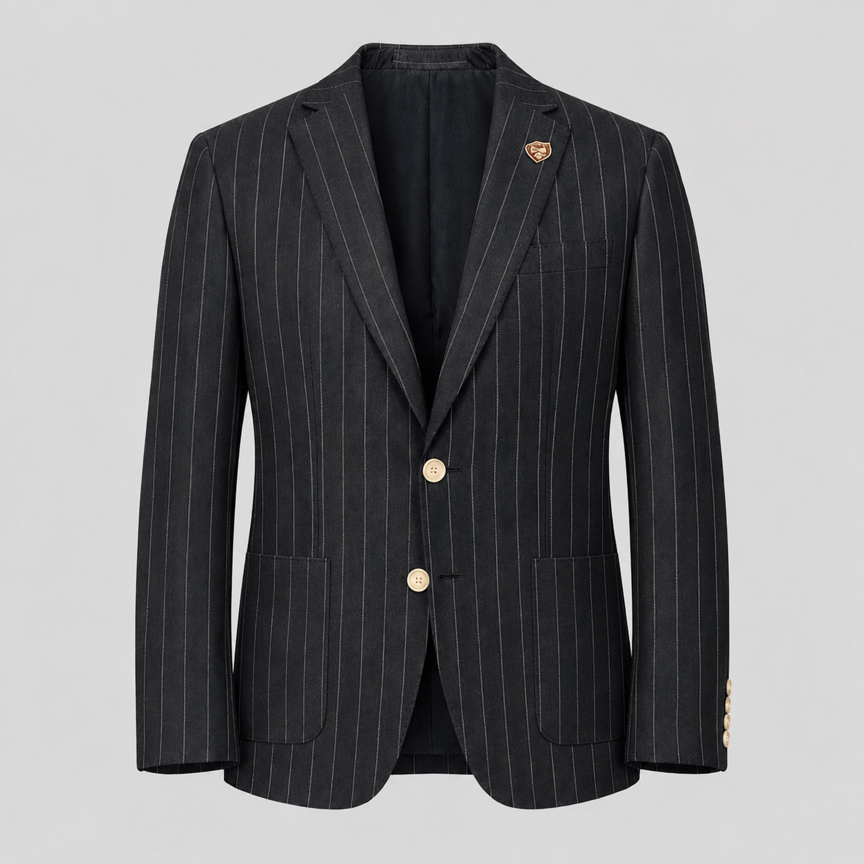 Genoa navy pinstripe sports jacket with notch lapel, patch pockets and rear vents.