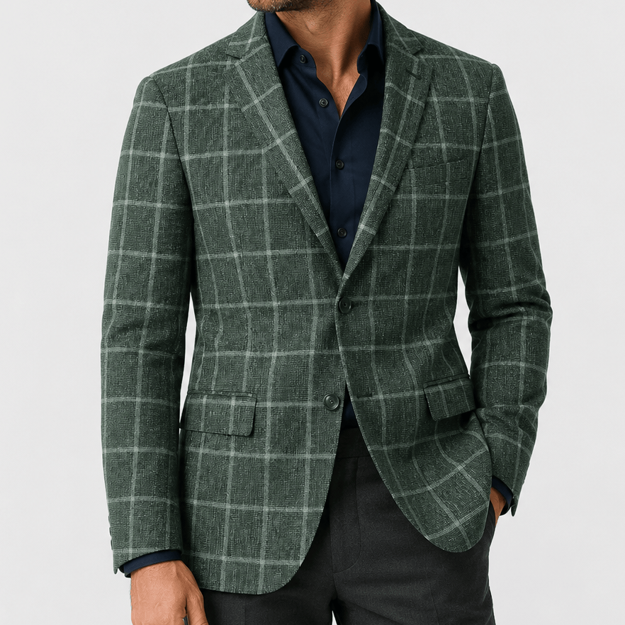 Jasper slim‑fit green check jacket with notch lapel, flap pockets and side vents.
