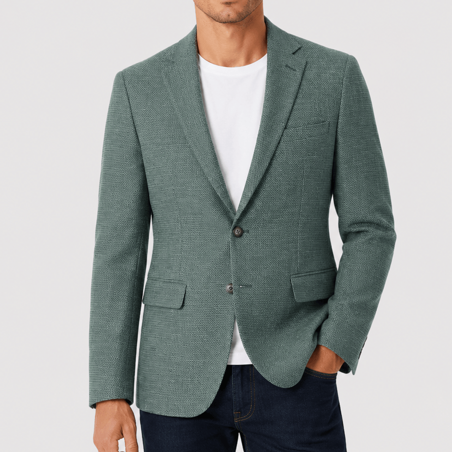 Men’s Slim Fit Jasper Sports Jacket in Green with notch lapel, flap pockets and a two‑button front.