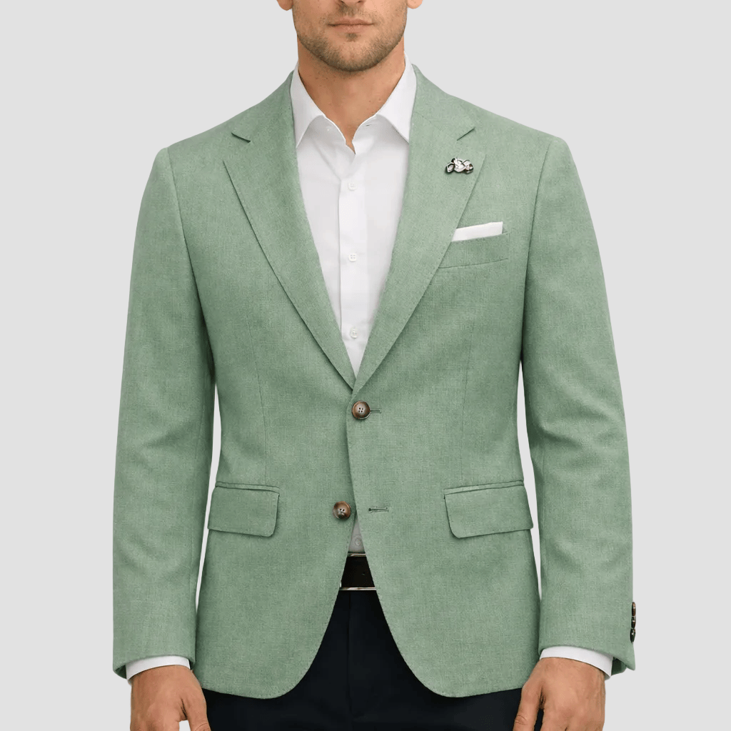 Christian Brookes Lang slim‑fit green jacket with notch lapel, patch pockets and ticket pocket.