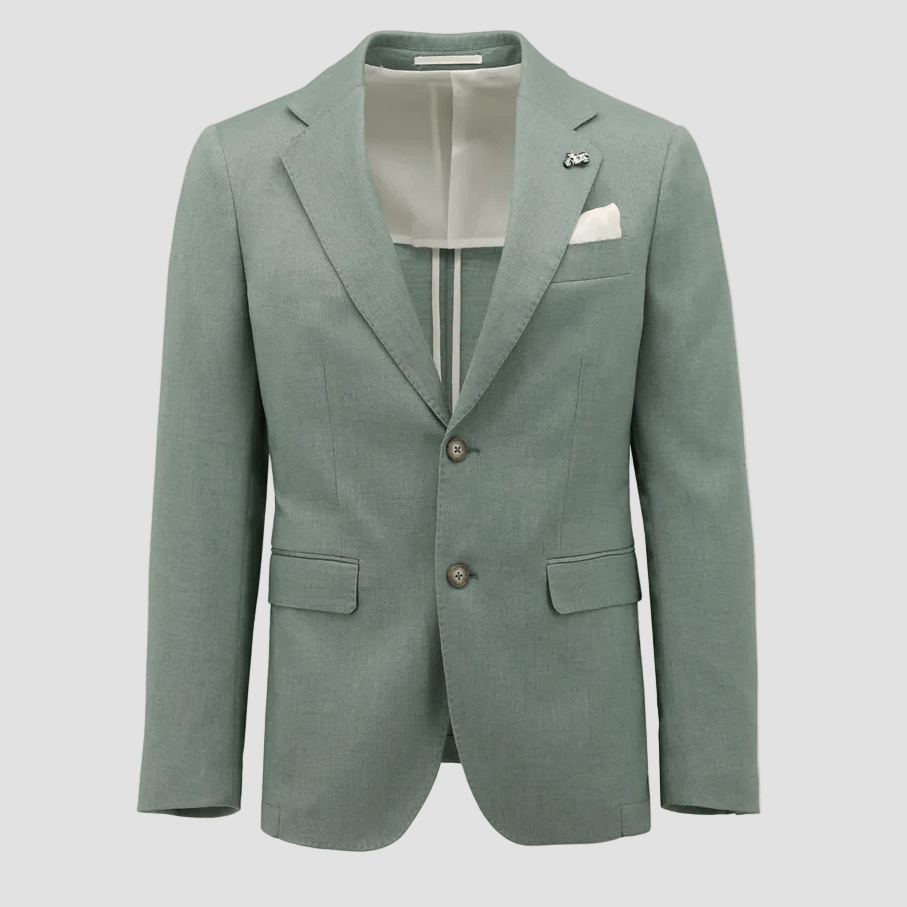 Christian Brookes Lang slim‑fit green jacket with notch lapel, patch pockets and ticket pocket.