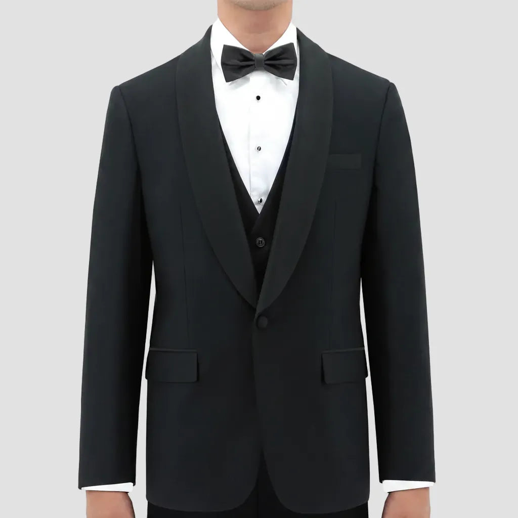 Black tuxedo with a bow tie on a white background