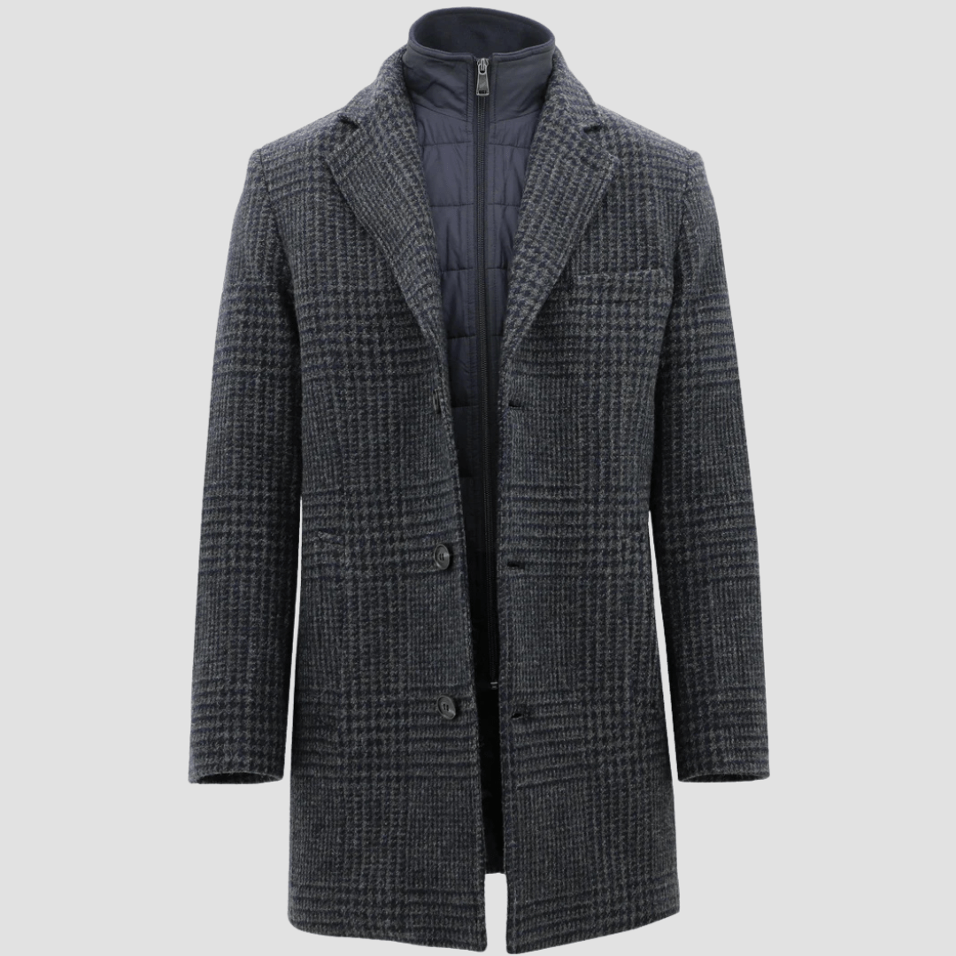 Men’s Blois Overcoat in Navy‑Grey Check by Daniel Hechter