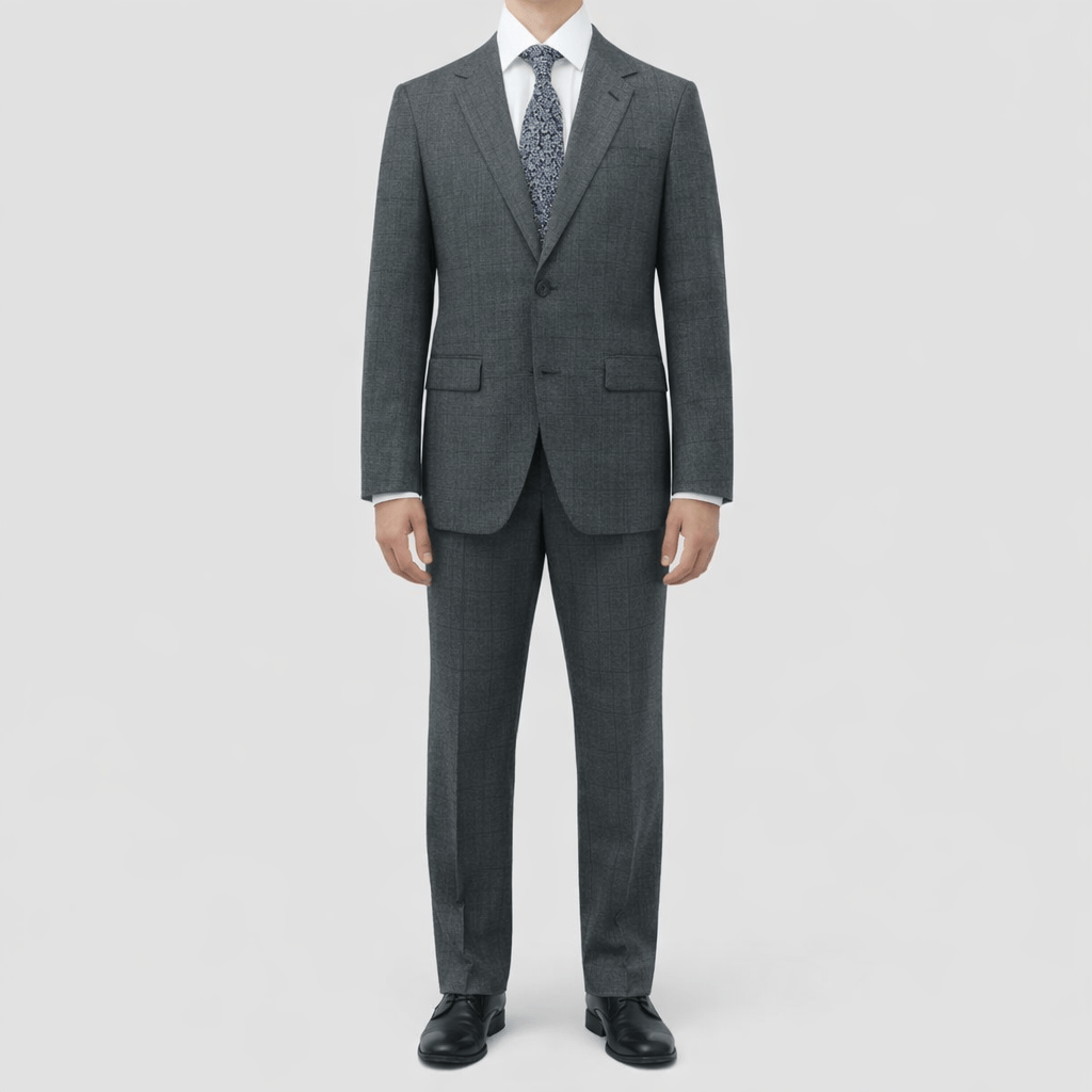 Daniel Hechter’s charcoal Ritchie slim fit suit in Australian Merino wool with stretch and a subtle check.