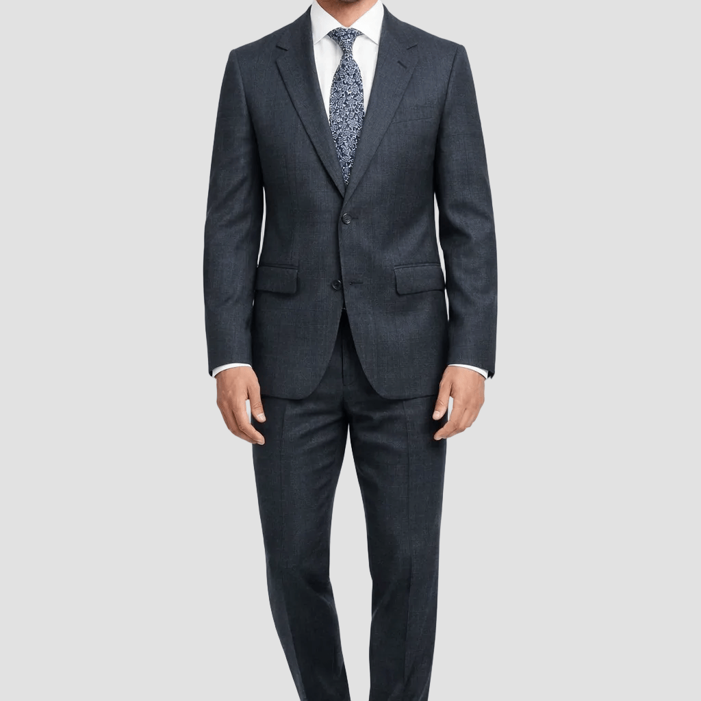 Daniel Hechter’s navy Ritchie slim fit suit in Australian Merino wool with stretch and a subtle check.