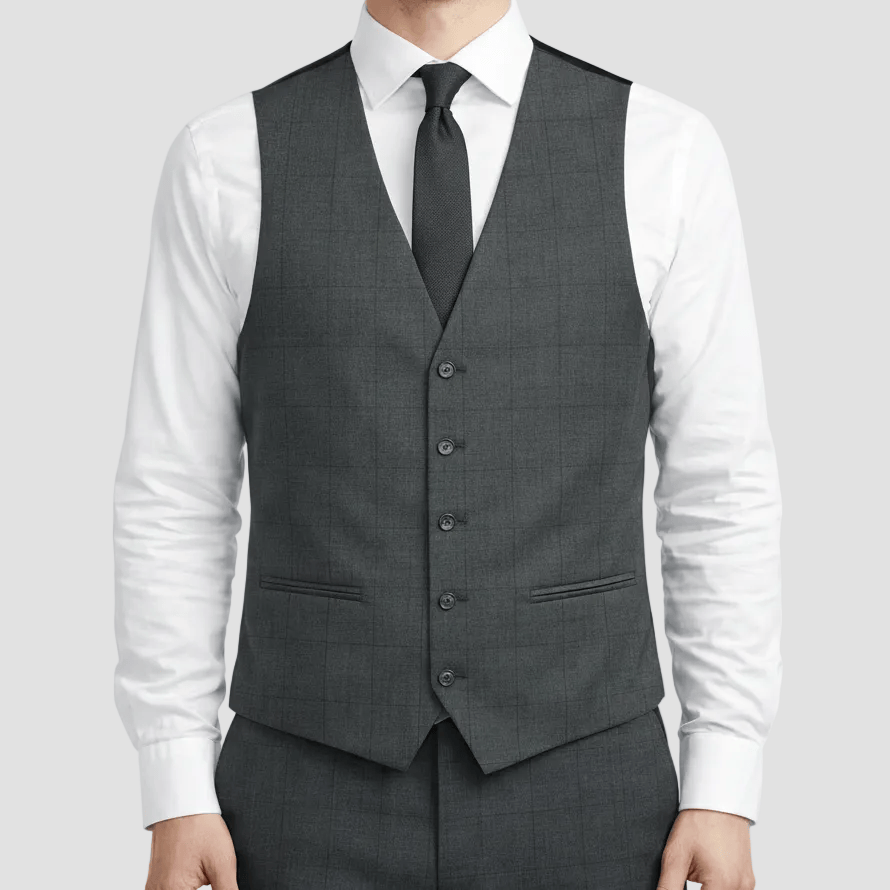 Daniel Hechter’s Ryan vest in charcoal Australian Merino wool with stretch and adjustable back.