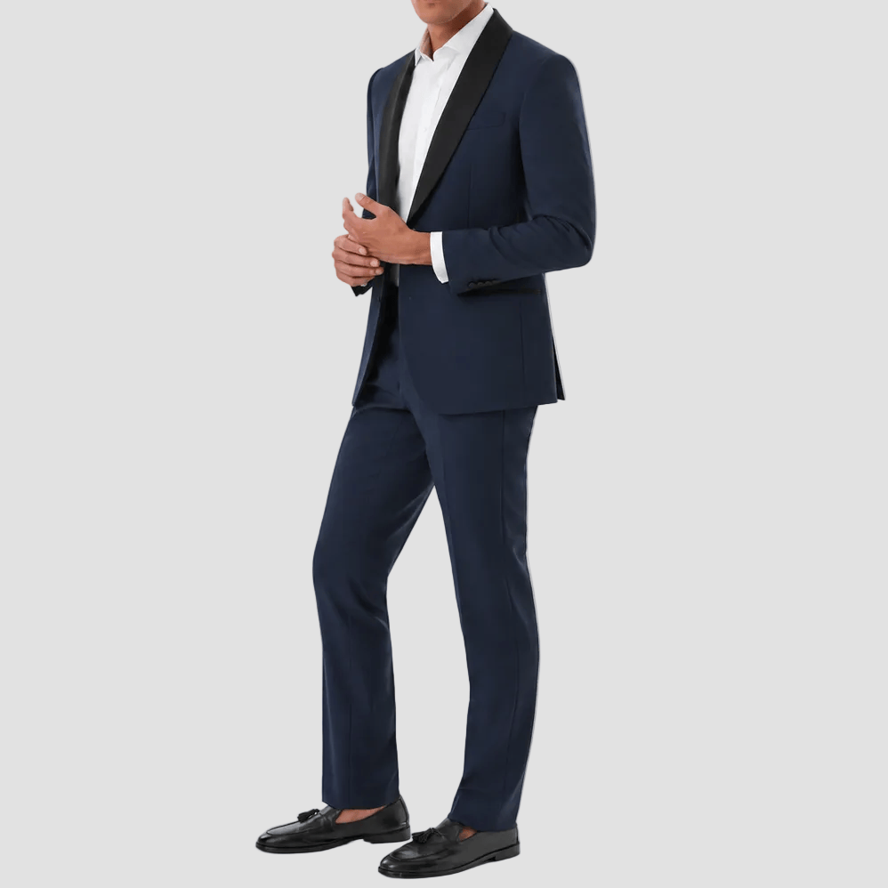 Gibsonâs Astley navy tuxedo pairs a satin shawl lapel with slim trousers.
