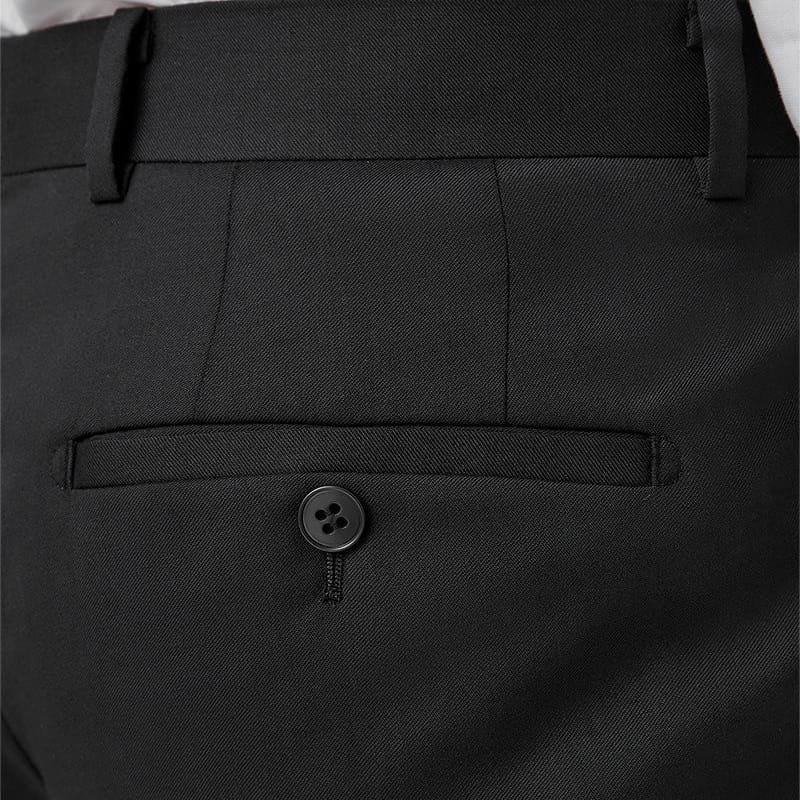 Close-up of black pants with a button on a white background