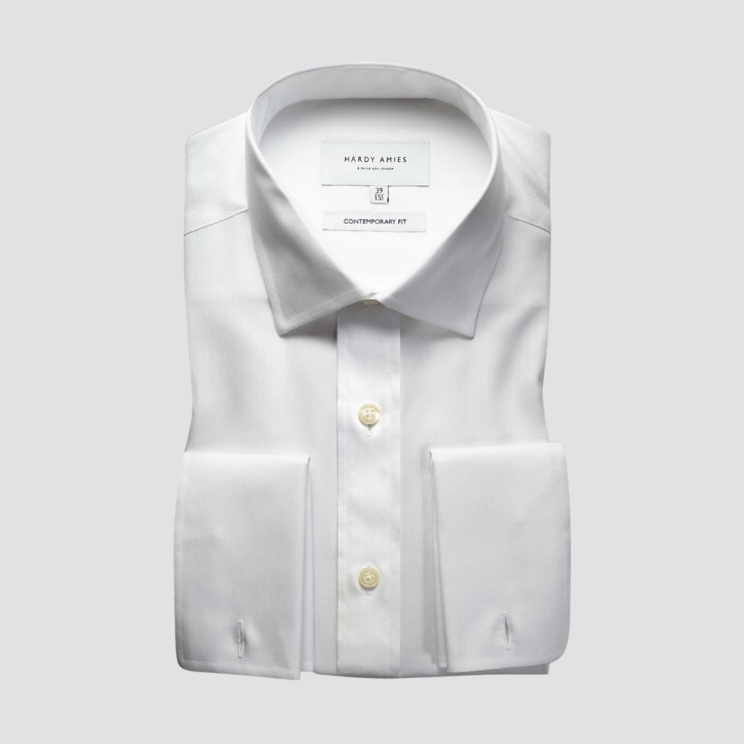 Hardy Amies Classic Fit French Cuff Herringbone Shirt in White