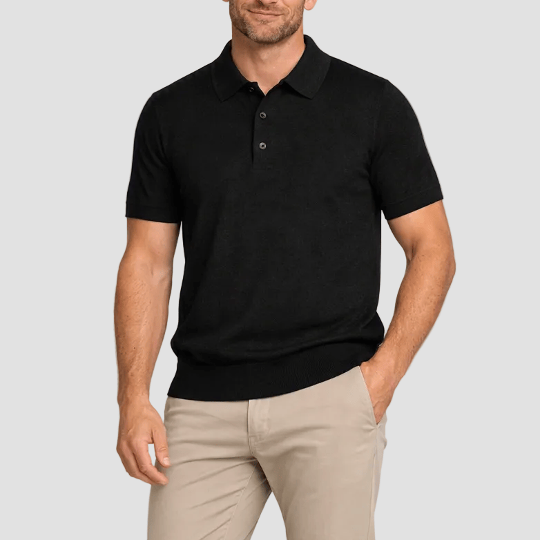 Soft black knitted polo by Hardy Amies