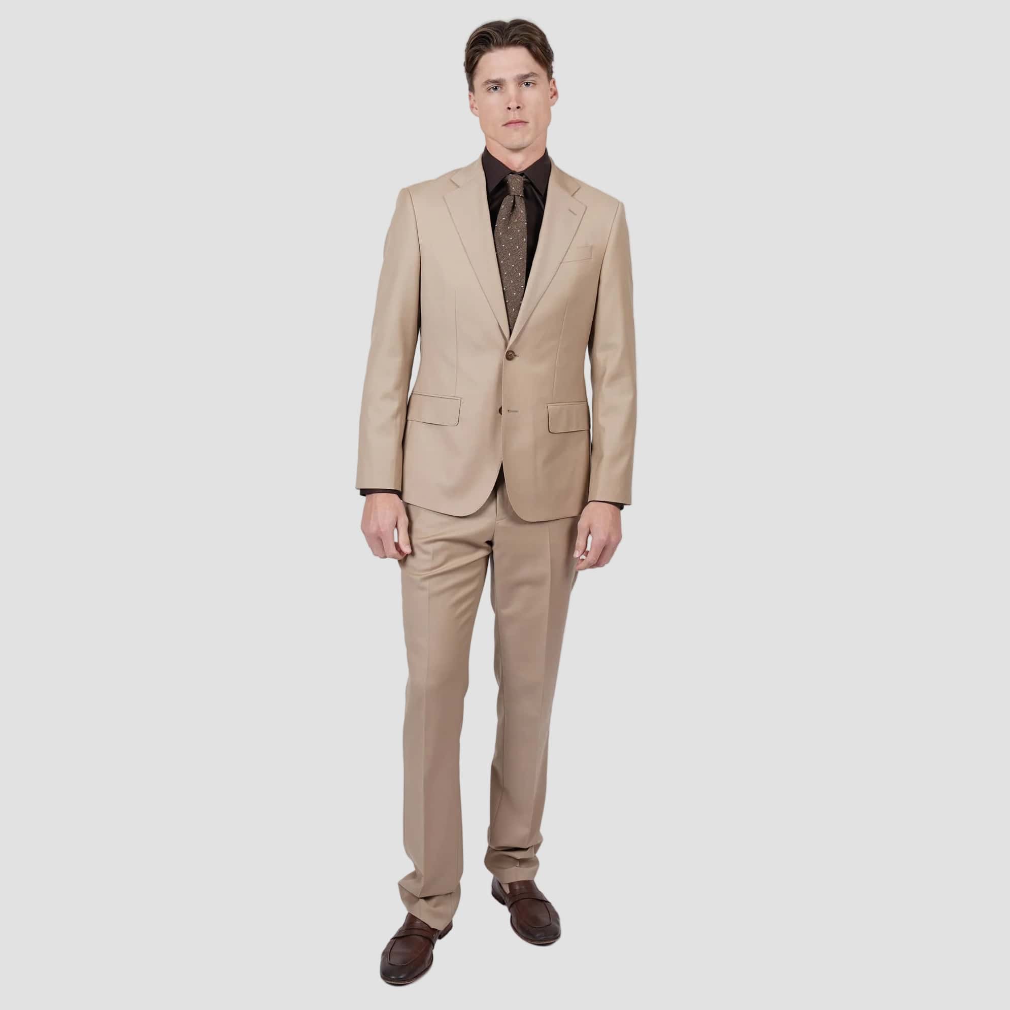 Hardy Amies Men's Tailored Fit Brinsley Suit in Camel Wool Blend