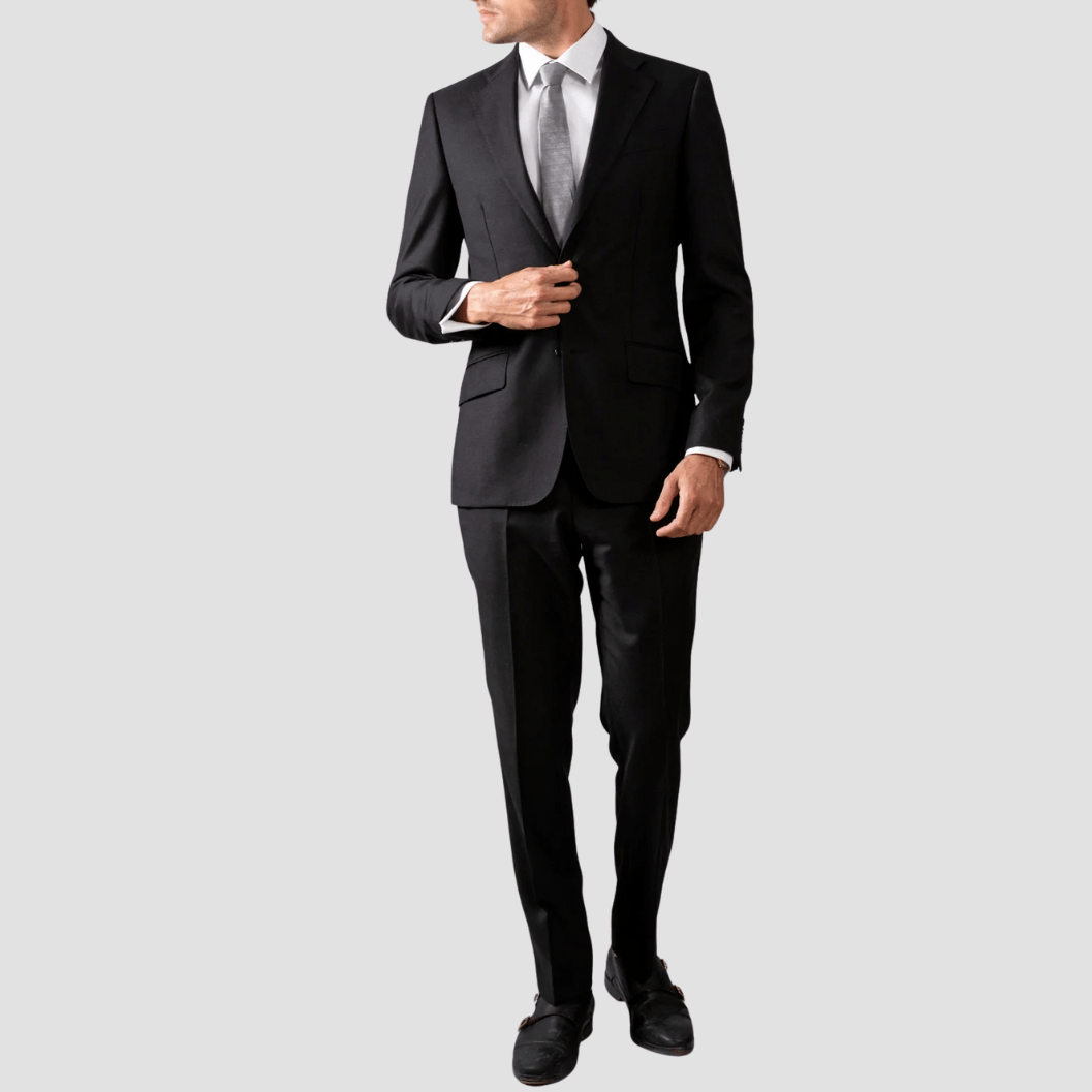 Hardy Amies Tailored Fit Black Suit—classic single‑breasted silhouette in fine wool blend.