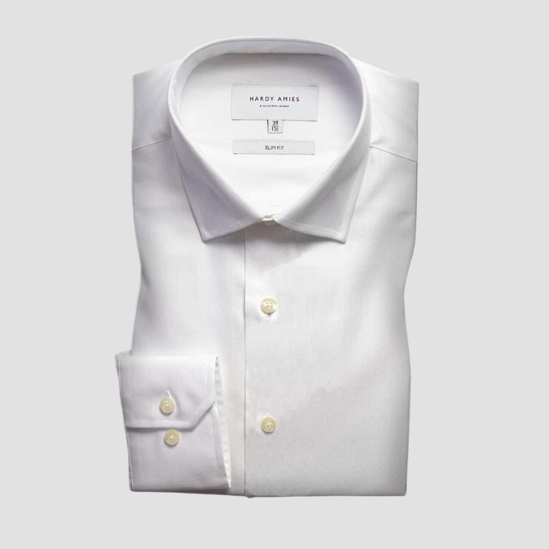 Hardy Amies Slim Fit Herringbone Business Shirt in White Cotton