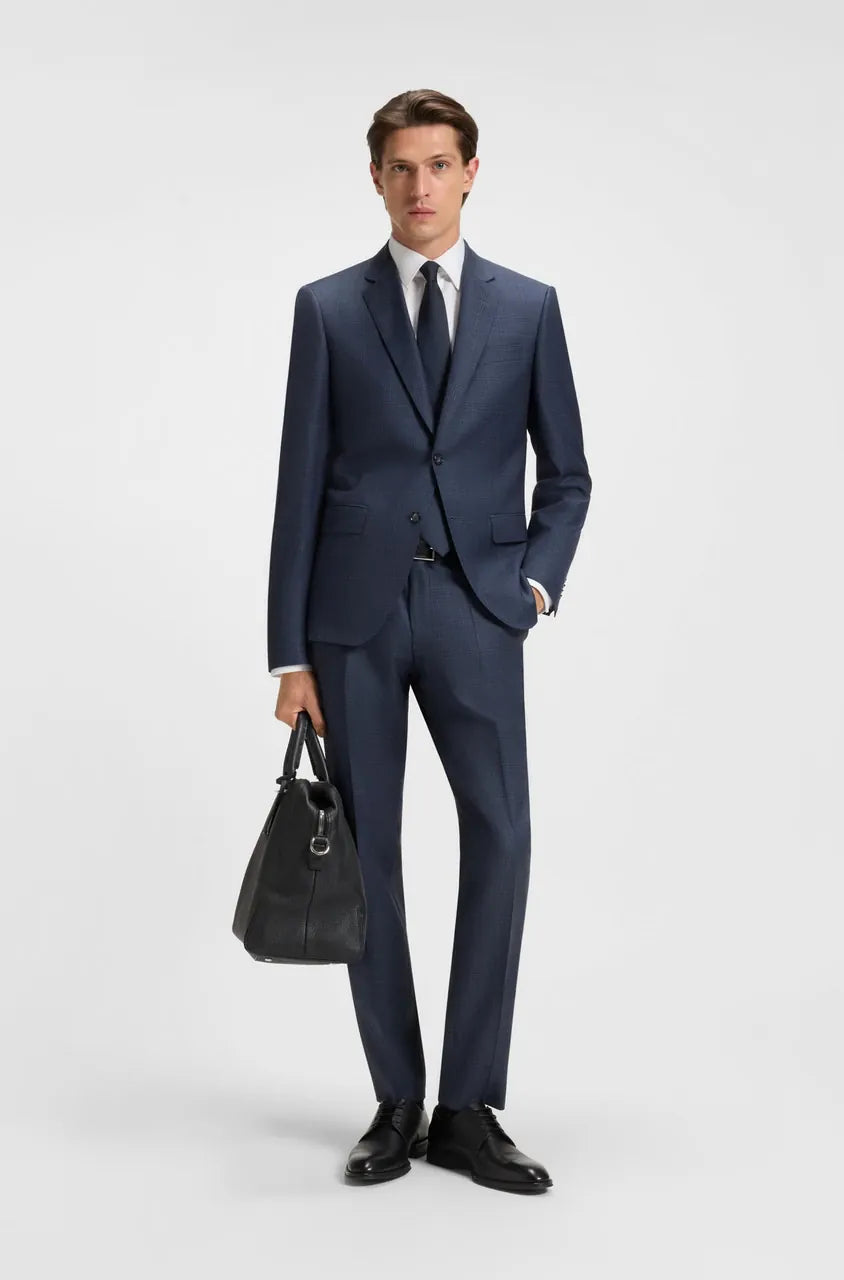 Boss H-Huge Slim-Fit Suit in Dark Blue Tartan Check Suit