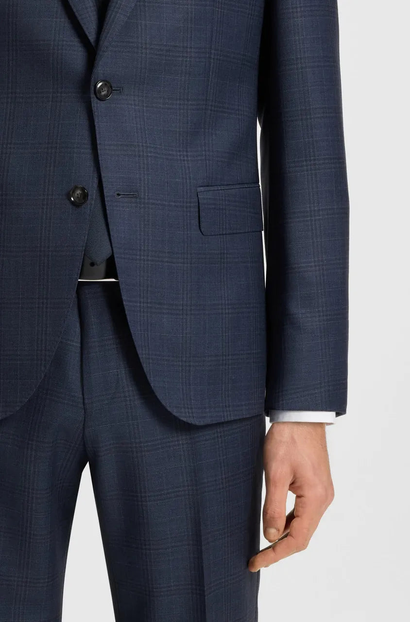 Boss H-Huge Slim-Fit Suit in Dark Blue Tartan Check Suit