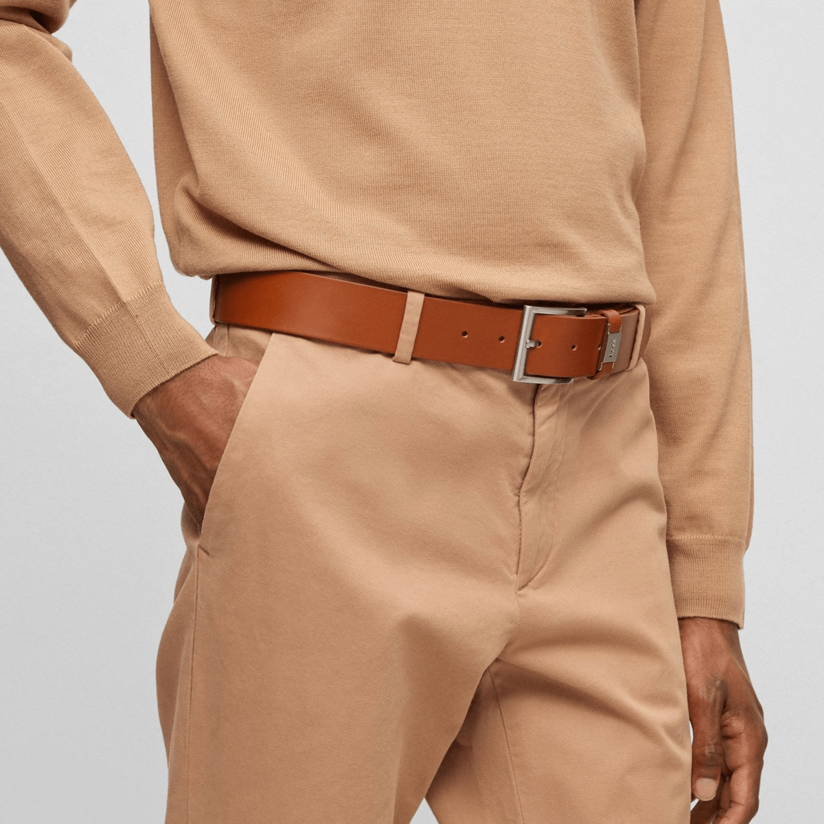 Hugo Boss Connio Mens Leather Belt with Branded Metal Trim in Medium Brown