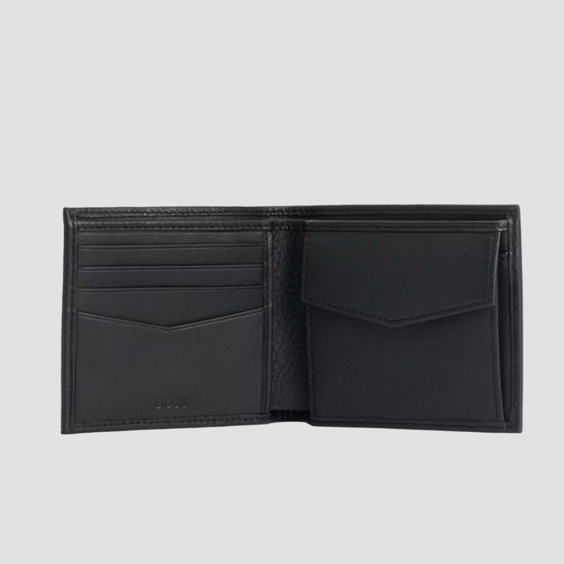 Hugo Boss Crosstown wallet in soft Italian black leather with silver logo detailing, card slots, and full lining.