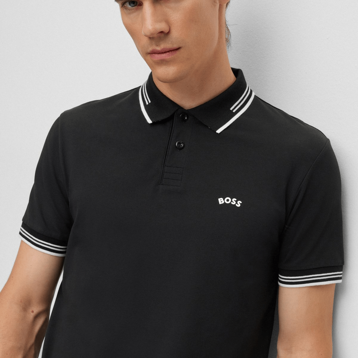 Hugo Boss Paul Curved Logo Slim Fit Polo in Black Stretch-Cotton Pique