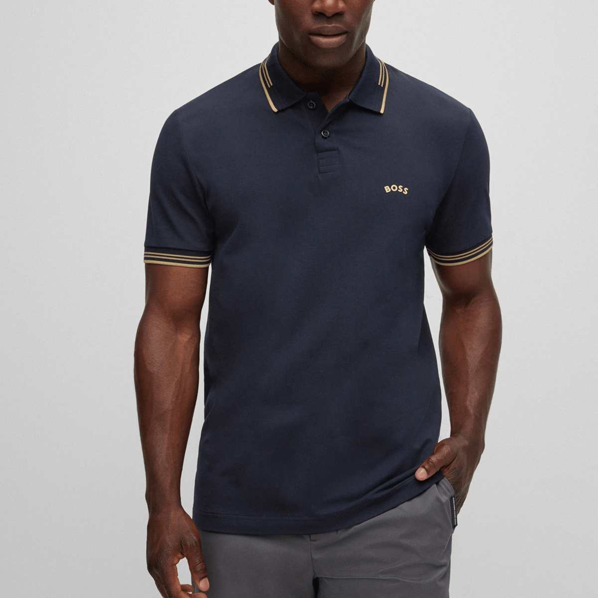 Hugo Boss Paul Curved Logo Slim Fit Polo in Dark Blue Stretch-Cotton Pique