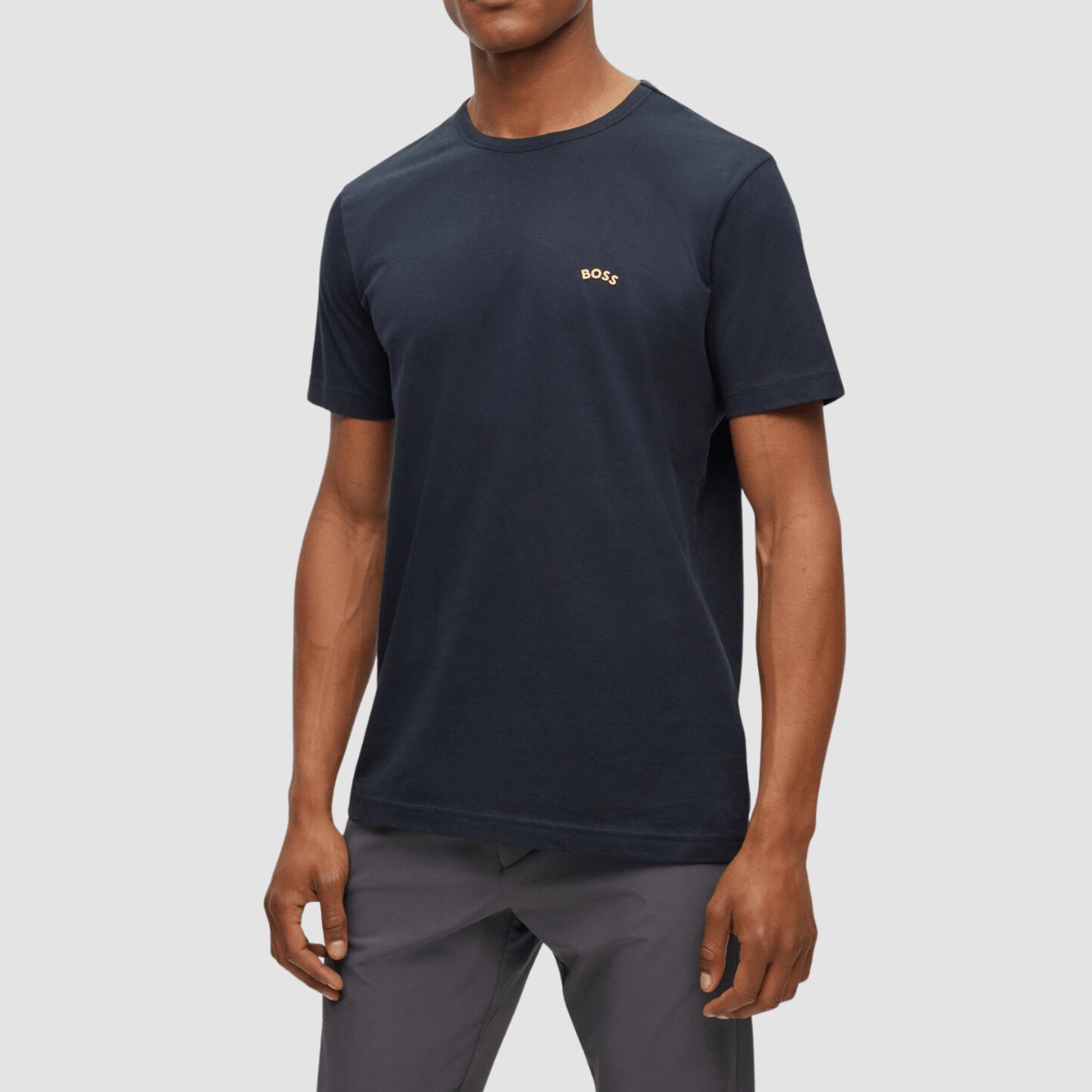 Boss Mens Classic Fit Cotton T-Shirt with Curved Logo in Dark Blue