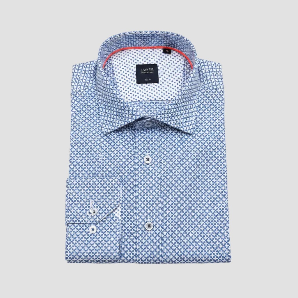 blue patterned shirt