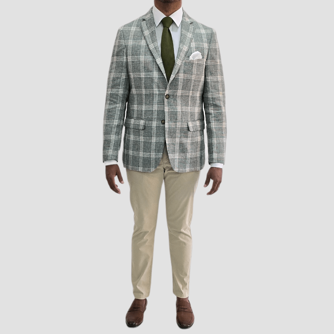 Jenson Mens Slim Fit Aaron Linen Sports Jacket in Green Check