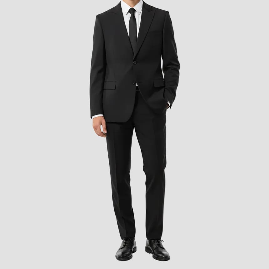 black suit being worn on a light background