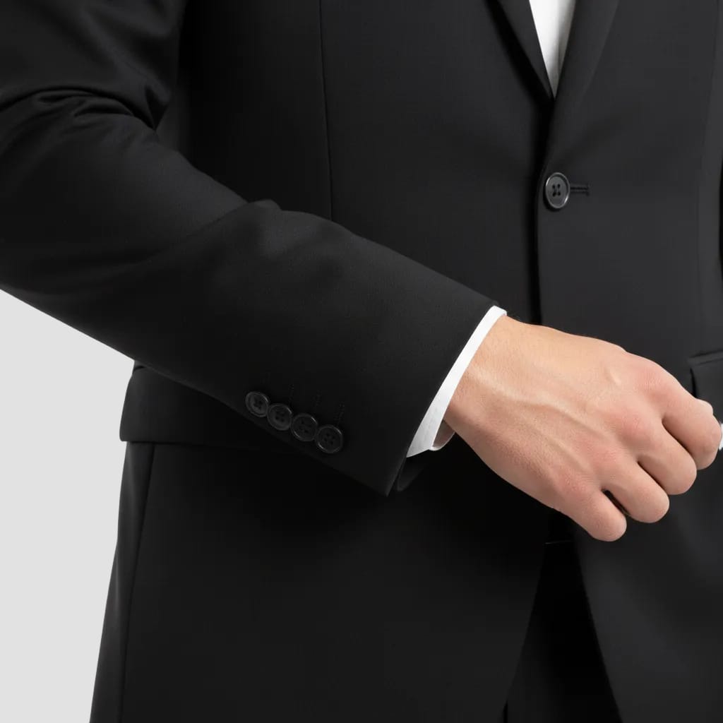 black suit being worn on a light background 4 buttons on sleeve