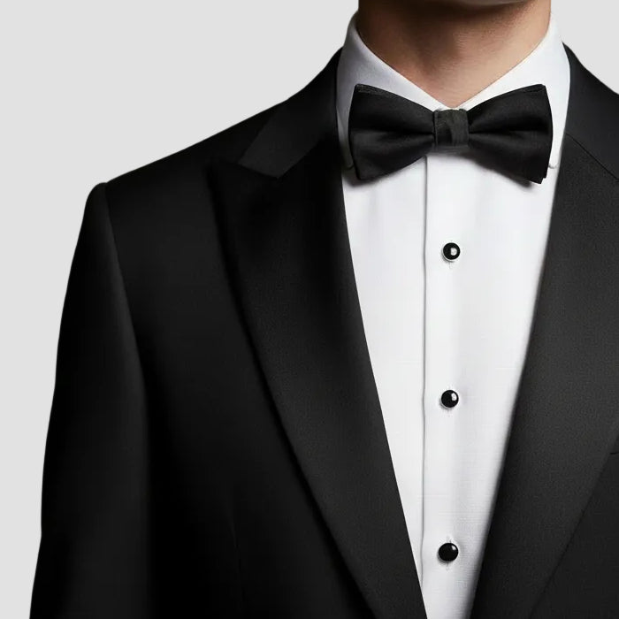 close up of black satin peak lapel