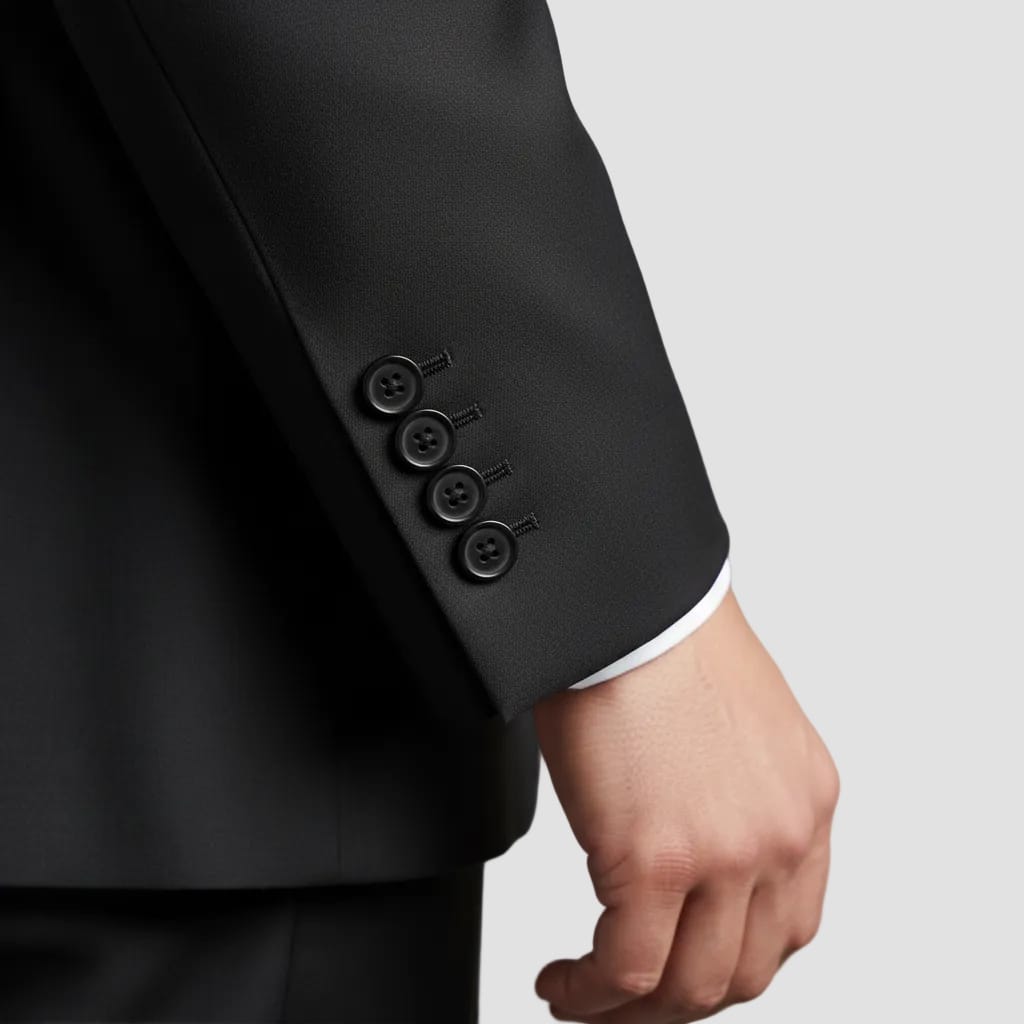 Close-up of a dark gray suit jacket with three buttons on a plain background