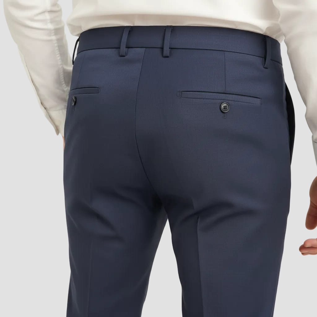 Close-up of gray pants with a button on a neutral background