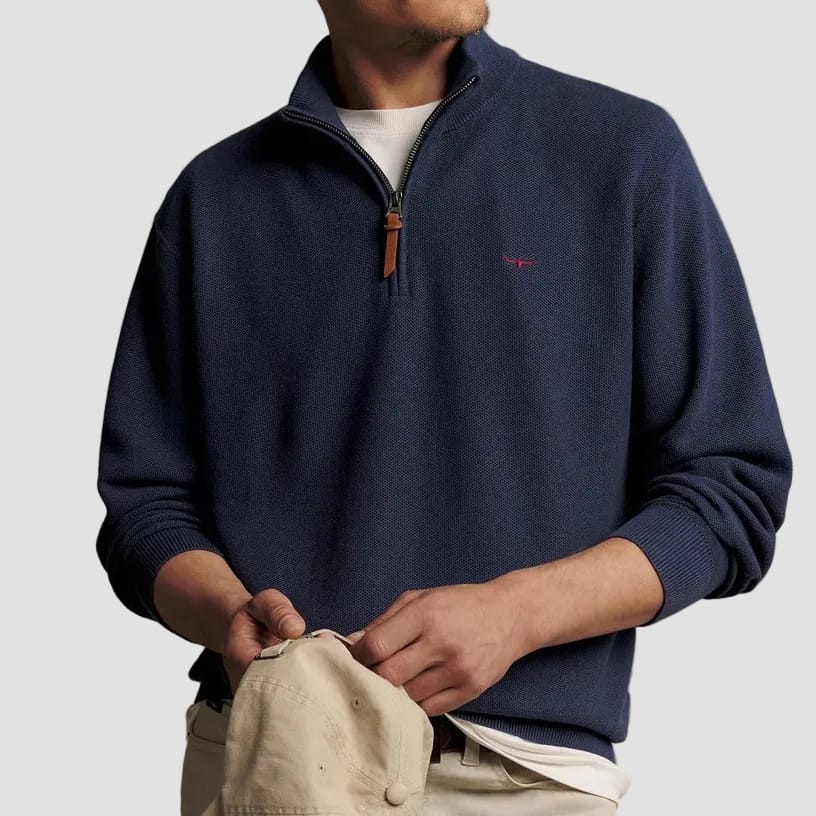 R.M. Williams Mens Warner Popcorn Quarter-Zip Knit in Blue - In Store Only