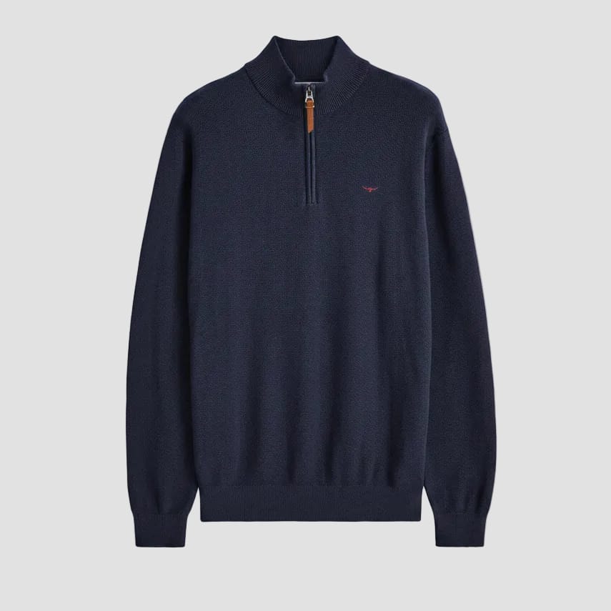 Black fleece jacket with blue trim on a white background