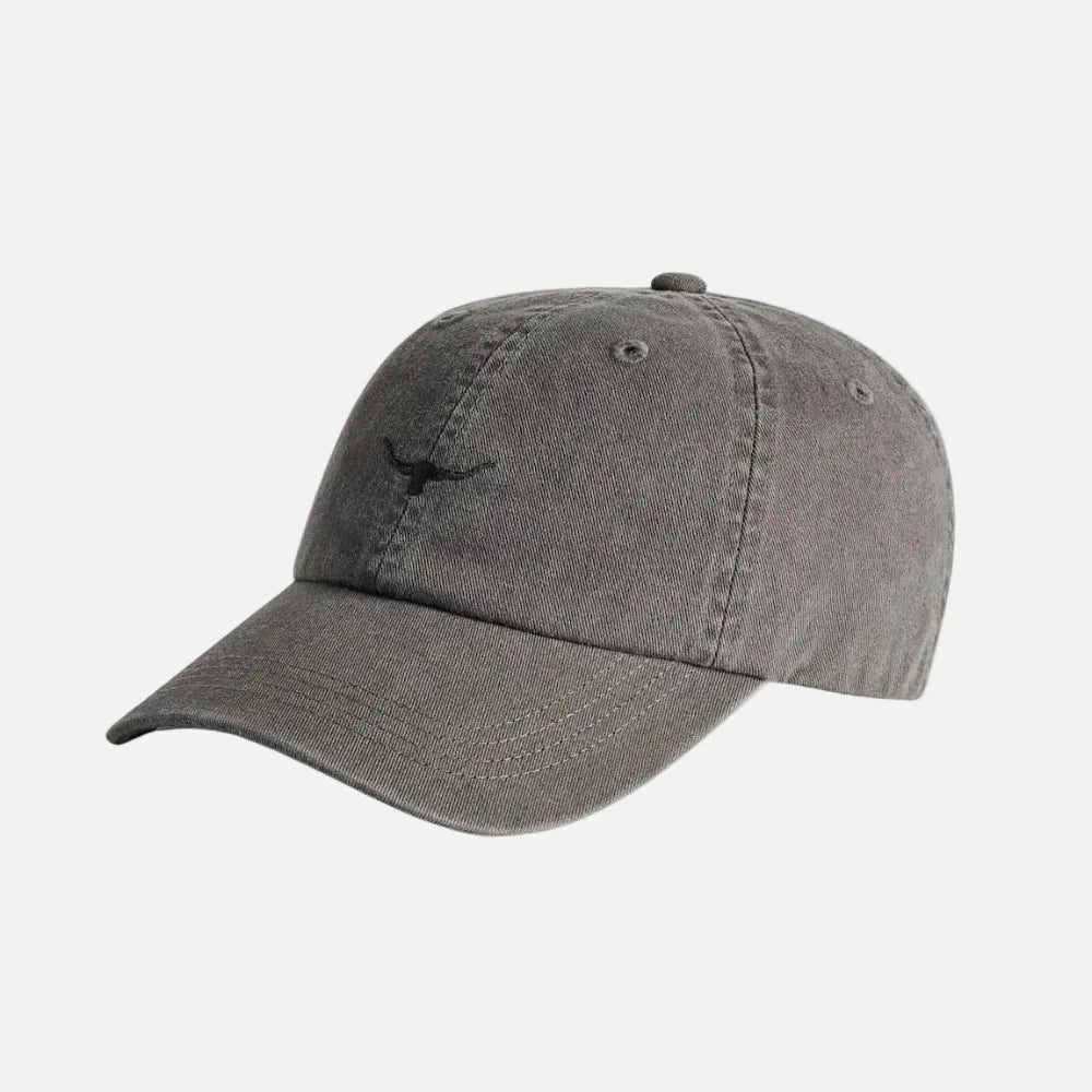 A washed dark gray baseball cap with a small black embroidered longhorn logo on the front, shown against a plain white background.