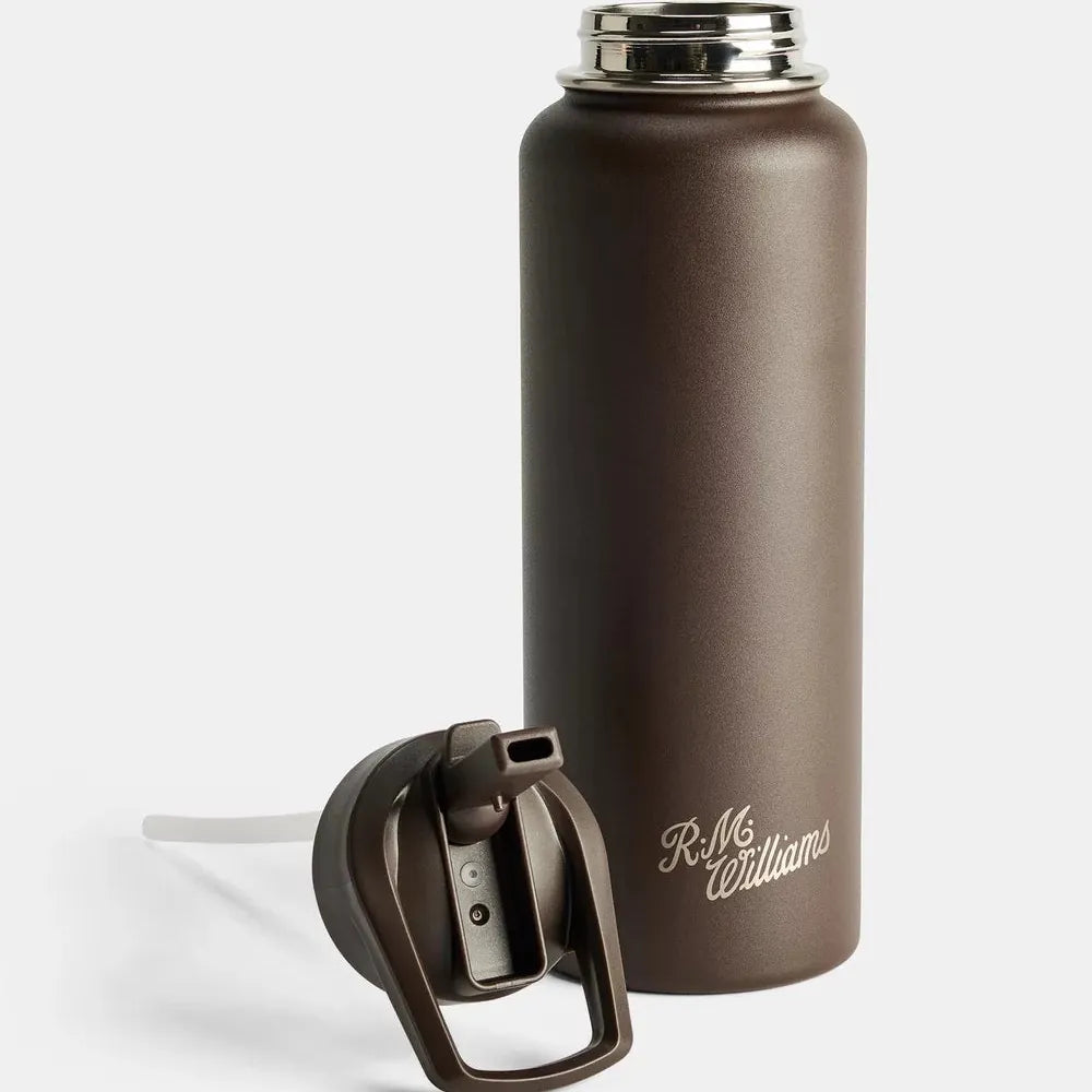 A matte dark brown insulated water bottle with a matching dark brown flip-straw lid placed in front, on a clean light gray studio background. The bottle has a silver metal rim at the top and the name 'R.