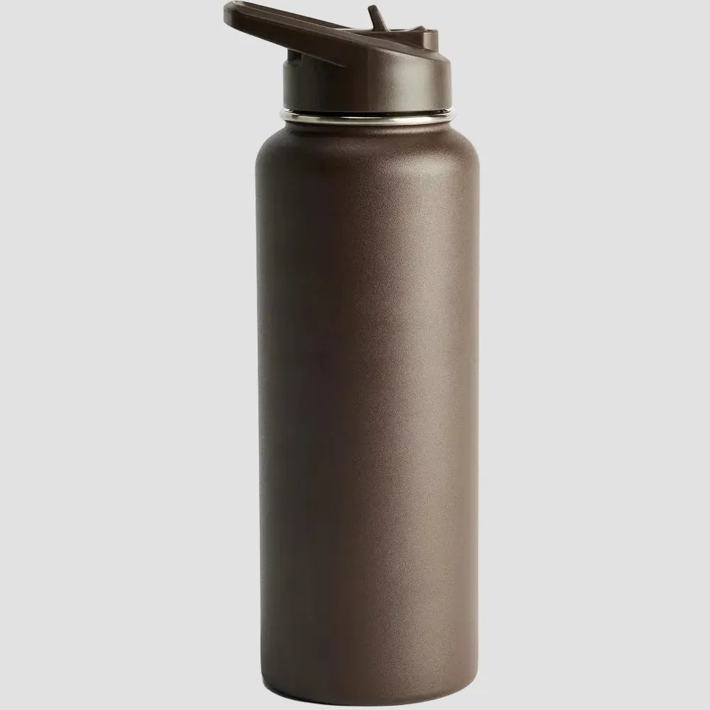 A matte dark brown insulated water bottle with a matching dark brown flip-top lid, shown on a clean light gray background.
