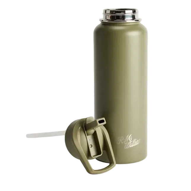 An olive green insulated water bottle with a matching flip-straw lid placed in front, on a clean white background. The bottle features a metallic silver rim at the top and an embossed 'RMS Collection' logo near the base.