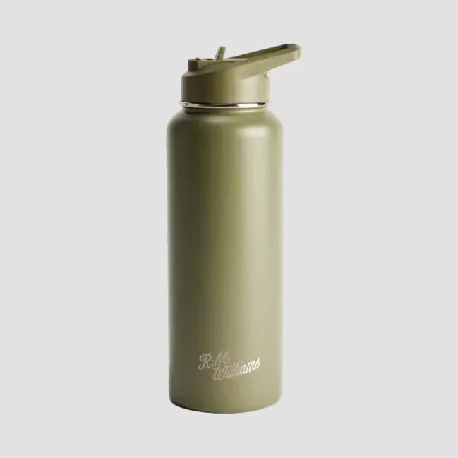 An olive green insulated water bottle with a matching flip-straw lid, featuring the 'R.M.
