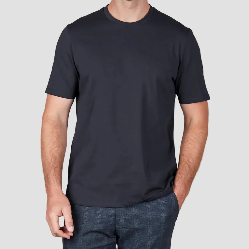 Pure cotton navy Sorrento tee by Rembrandt with an original fit that sits naturally on the body.