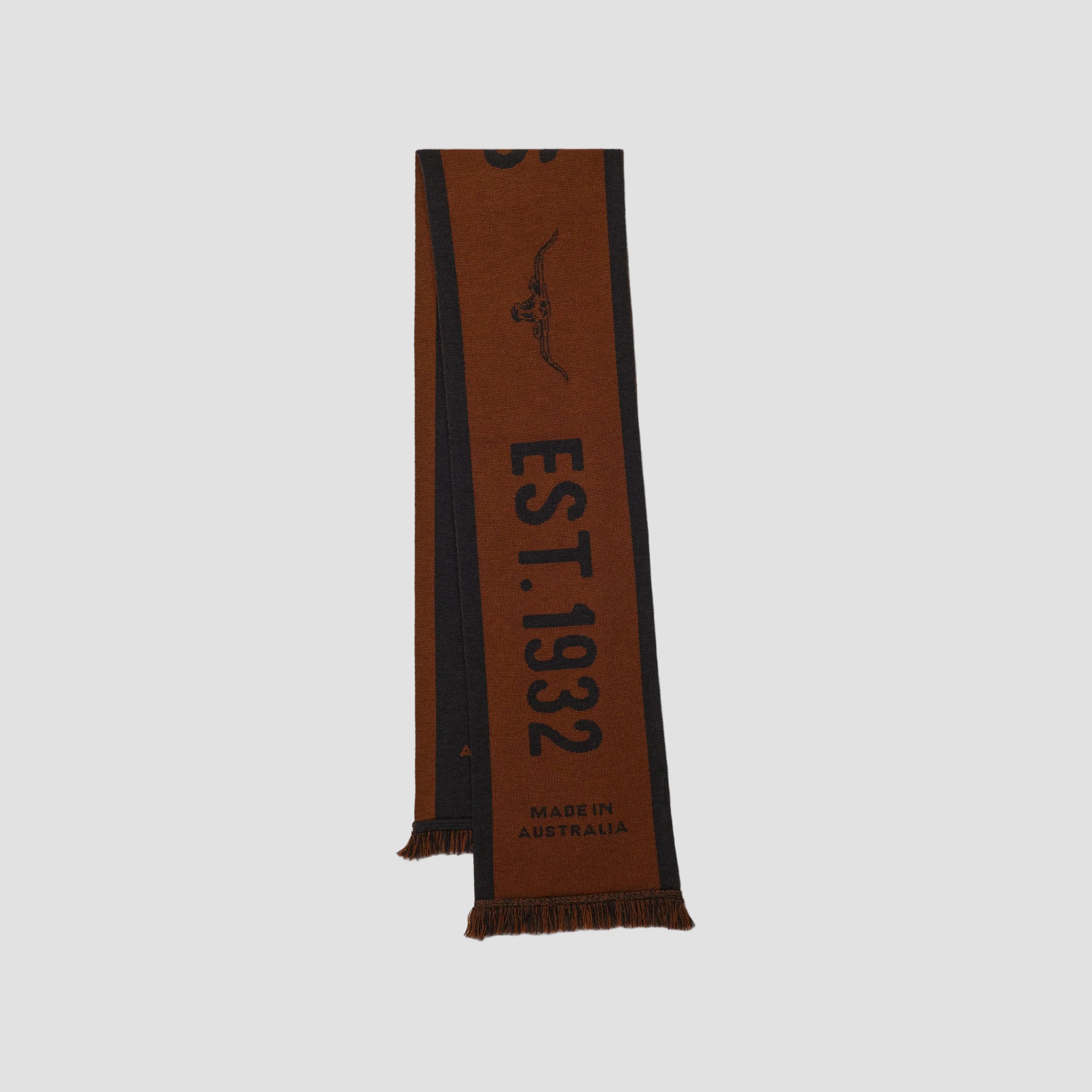 Scarf with 'EST. 1932' text and branding on a white background