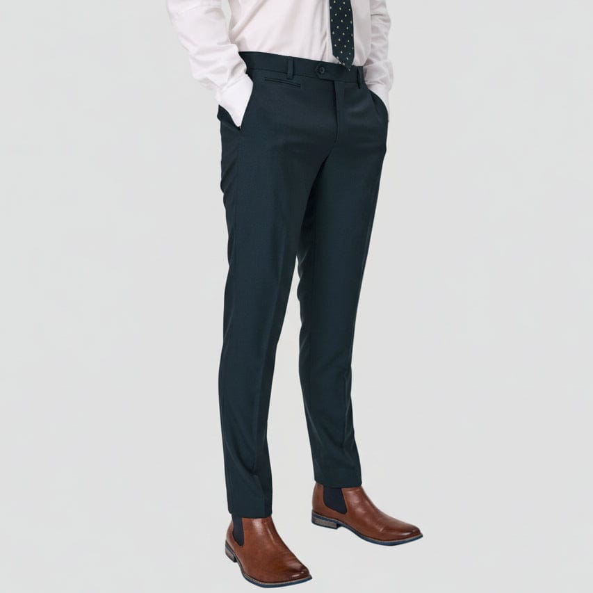 Forest Green wool pants by Savile Row, with a white shirt and brown leather shoes