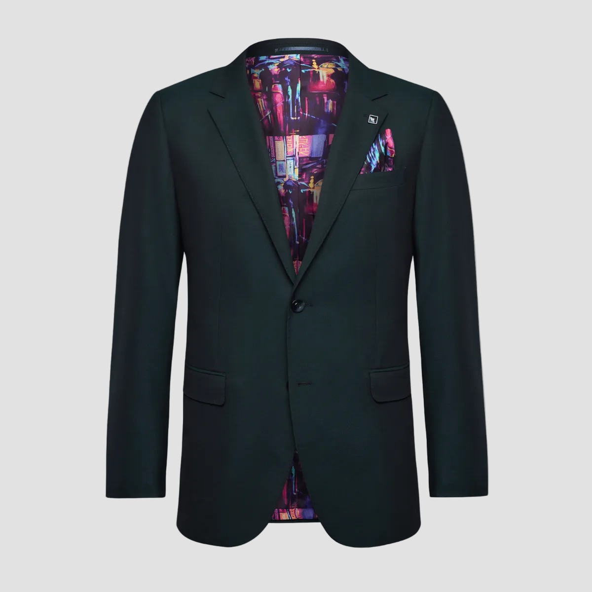 A forest green merino wool men's suit jacket by Savile Row with a notched lapel, two front pockets, and a satin inner lining.