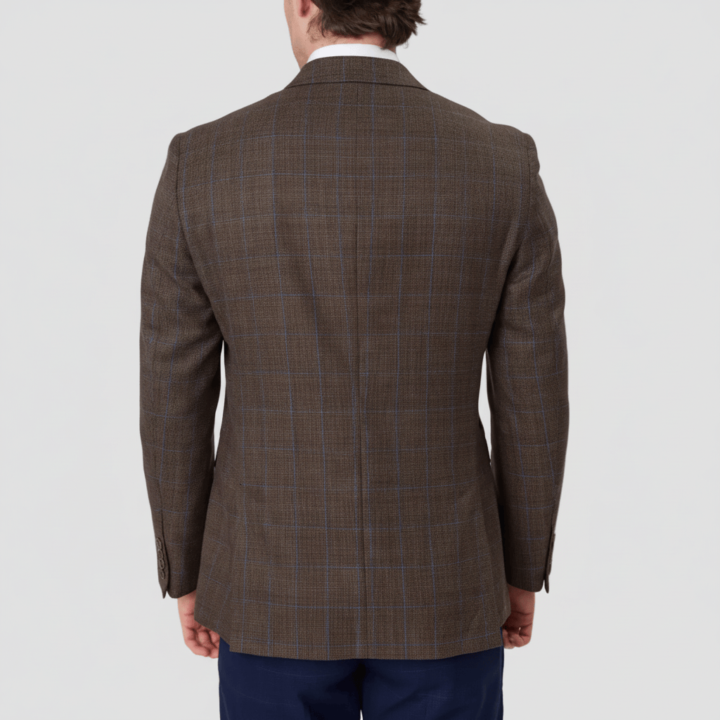 Brown checkered sports jacket by Savile Row with side splits.