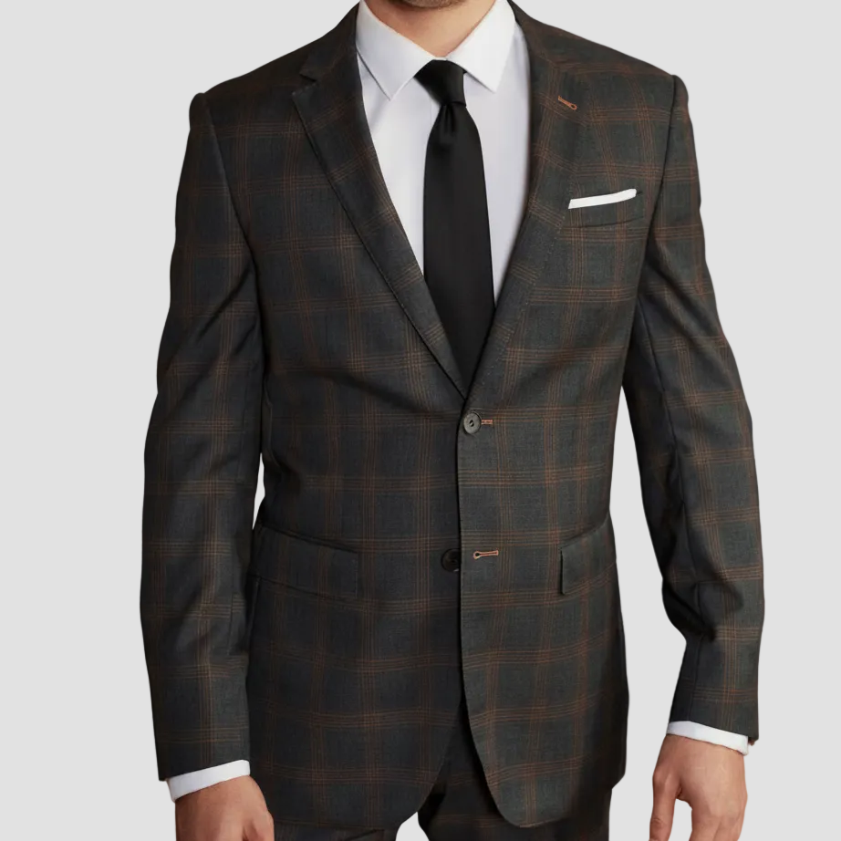 Charcoal and cedar mens suit by Savile Row with white shirt, pocket square and black tie.