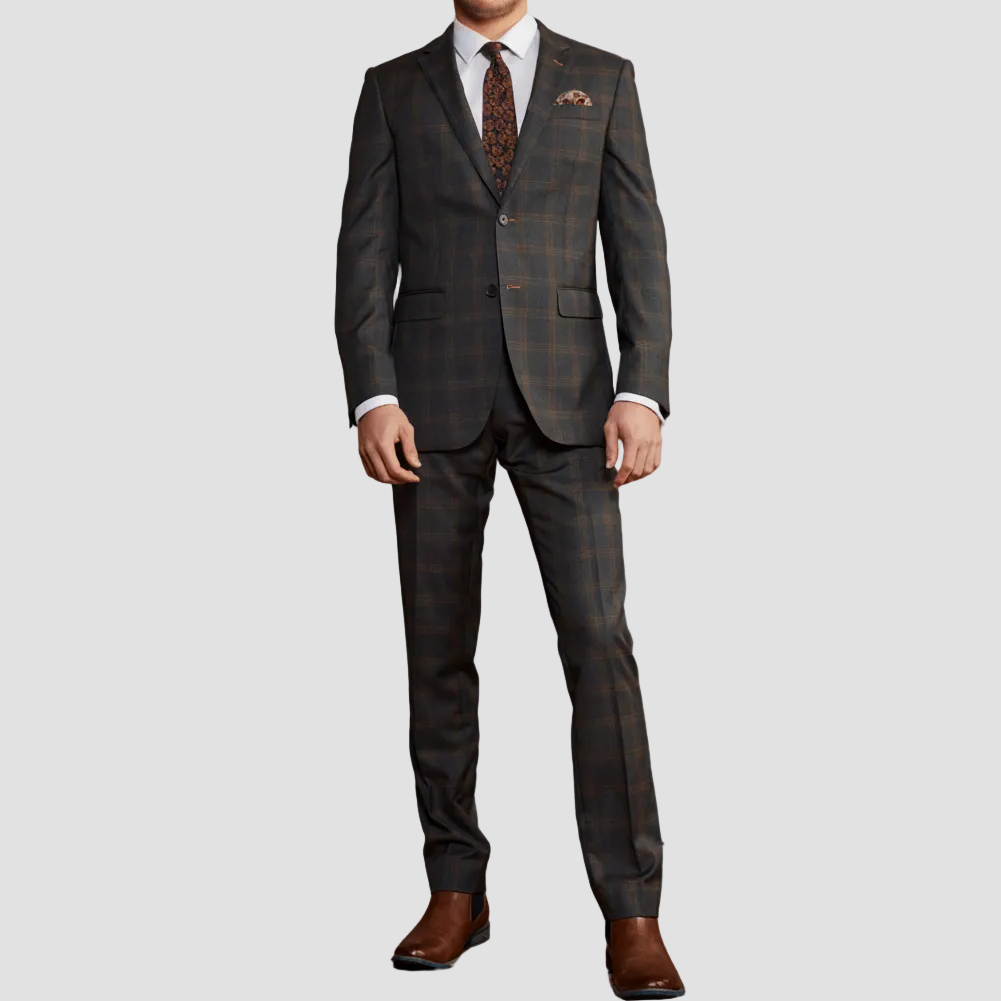 A charcoal wool cashmere men's suit with a cedar windowpane check design, featuring a notch lapel, two buttons, and side pockets.