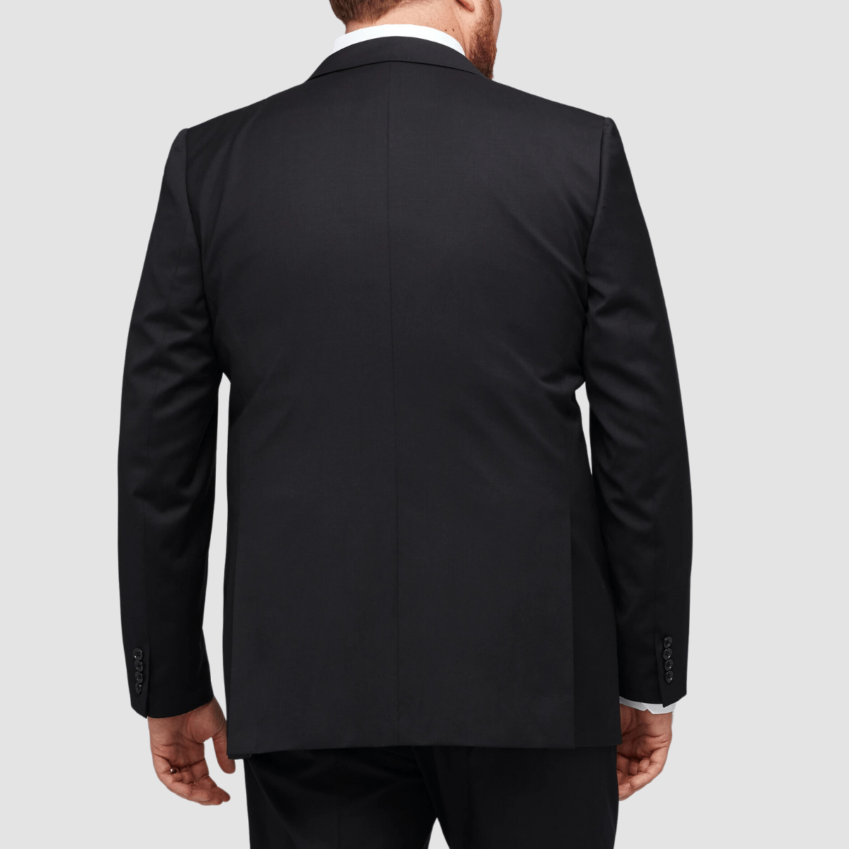 Savile Row Maximus Bigman Fit Black Suit—classic style, wool‑blend, notch lapel, flap pockets.