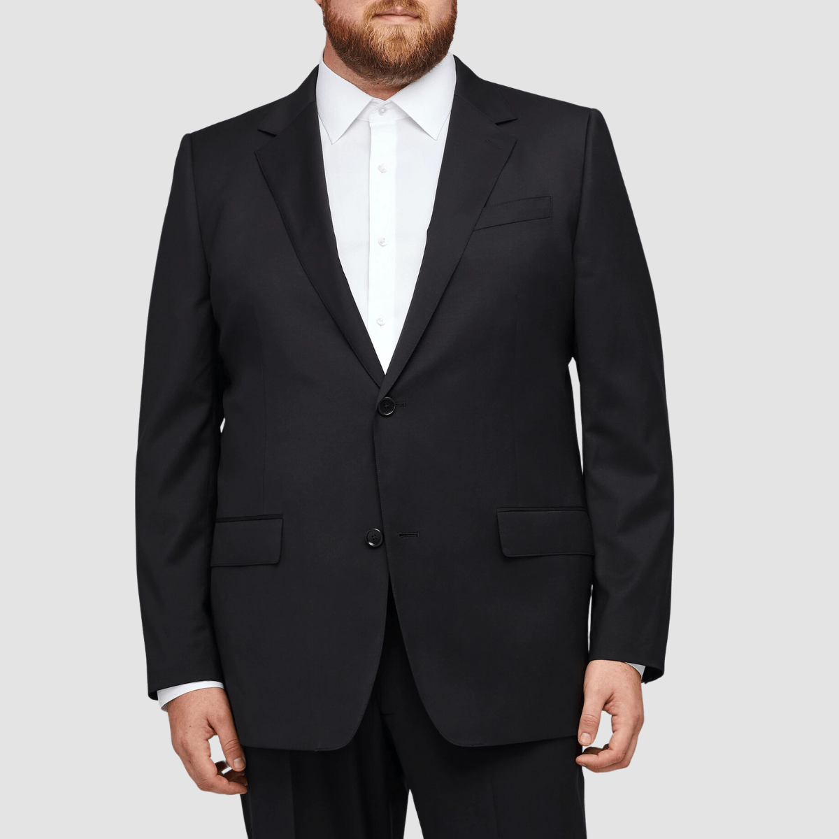 Savile Row Maximus Bigman Fit Black Suit—classic style, wool‑blend, notch lapel, flap pockets.