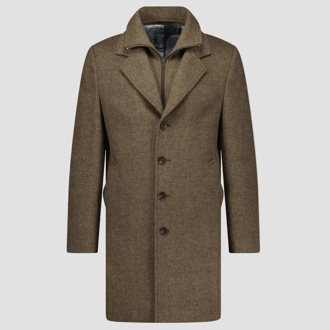 A brown wool cashmere blend men's coat by Savile Row, featuring a classic design with buttoned sleeves and a button front.