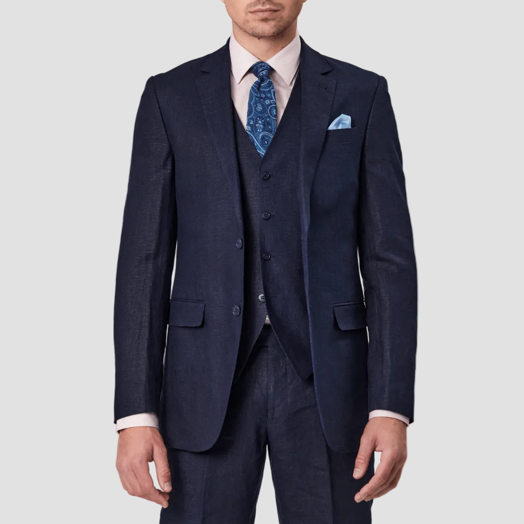 Mens pure linen navy suit by Savile Row with a blue tie and pocket square