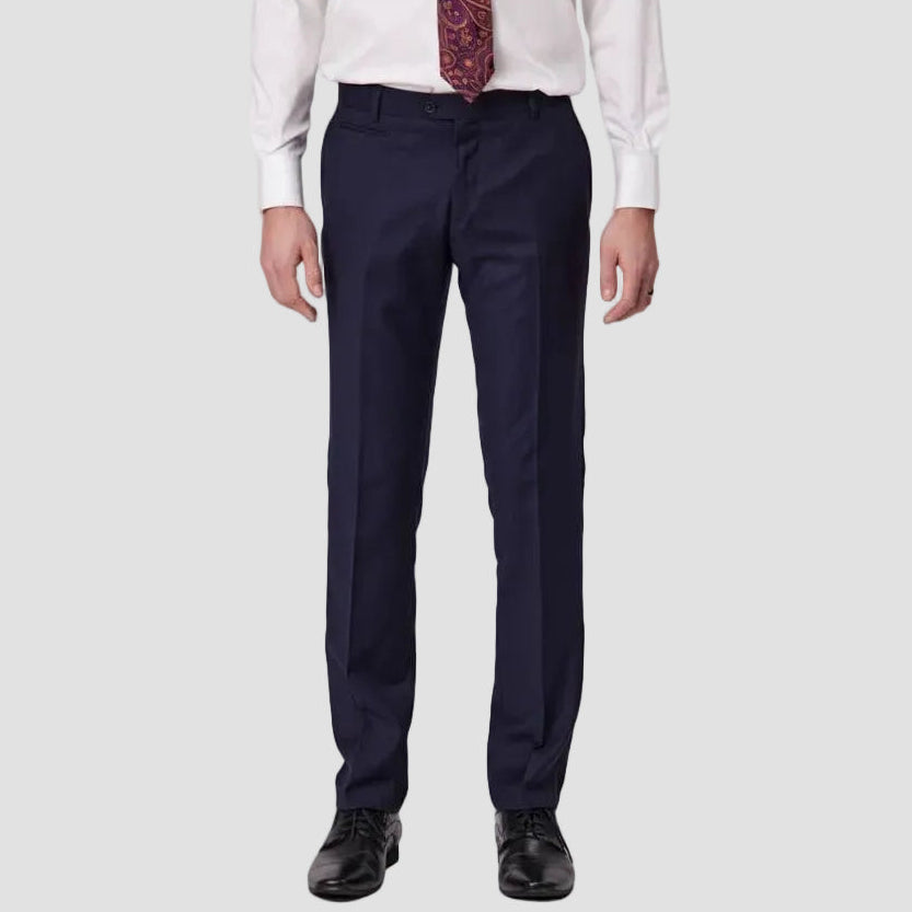 Classic fit navy travel‑finish wool trouser by Savile Row, crafted in Super 110’s Merino.